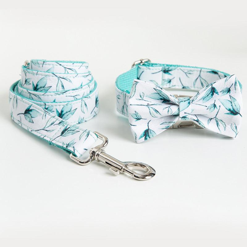 Tropical Leaf Bow Tie Dog Collar Leash Set-0