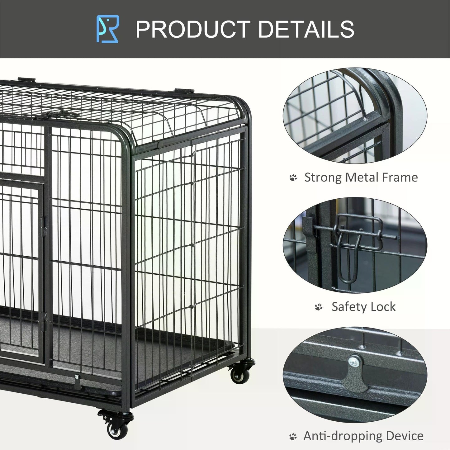 Heavy Duty Dog Crates Foldable Doge Kennel and Dog Cage Pet Playpen with Double Doors Removable Tray Lockable Wheels 125cm x 76cm x 81cm.-4