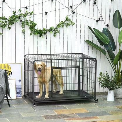 Heavy Duty Dog Crates Foldable Doge Kennel and Dog Cage Pet Playpen with Double Doors Removable Tray Lockable Wheels 125cm x 76cm x 81cm.-1