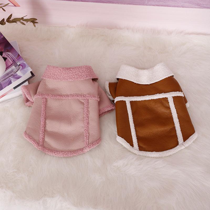 Plush Zipper Warm Faux Leather Dog Jacket-2