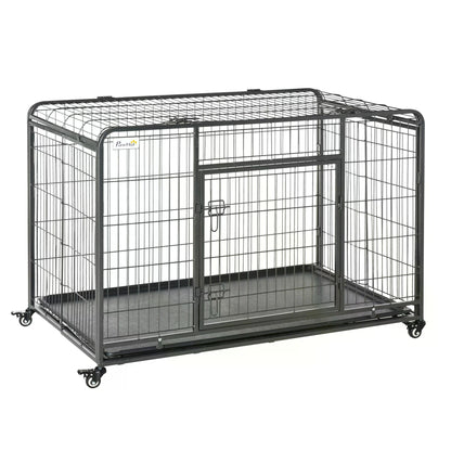 Heavy Duty Dog Crates Foldable Doge Kennel and Dog Cage Pet Playpen with Double Doors Removable Tray Lockable Wheels 125cm x 76cm x 81cm.-0