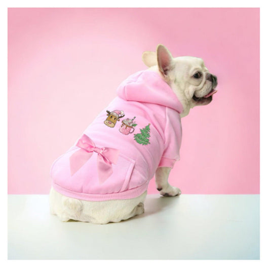 Christmas Reindeer Dog Hoodie with Pockets and Silk Bow-0