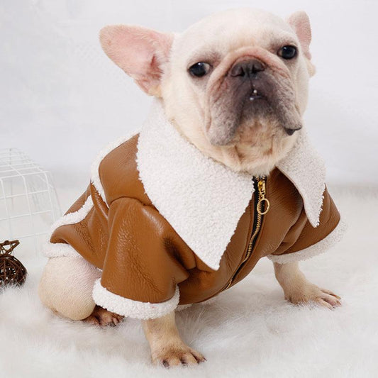 Plush Zipper Warm Faux Leather Dog Jacket-0